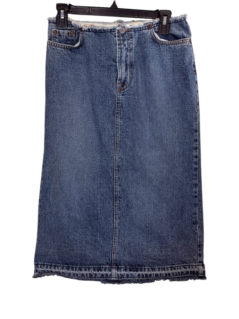 Lucky Brand Vintage Cut Off Distressed Denim Midi Skirt in Light Blue Wash Sz 4